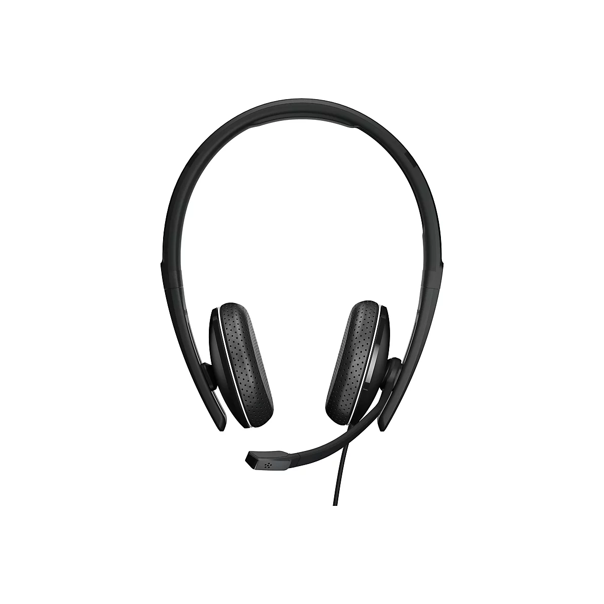 Schwarzes Headset mit Ohrmuscheln und Mikrofon vor weißem Hintergrund.