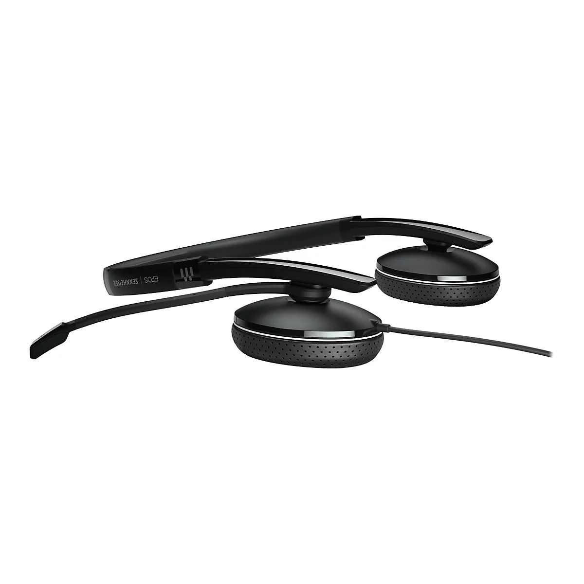 Schwarzes Headset mit Bügel, Ohrmuscheln und Mikrofon. Aufschrift EPOS | SENNHEISER.
