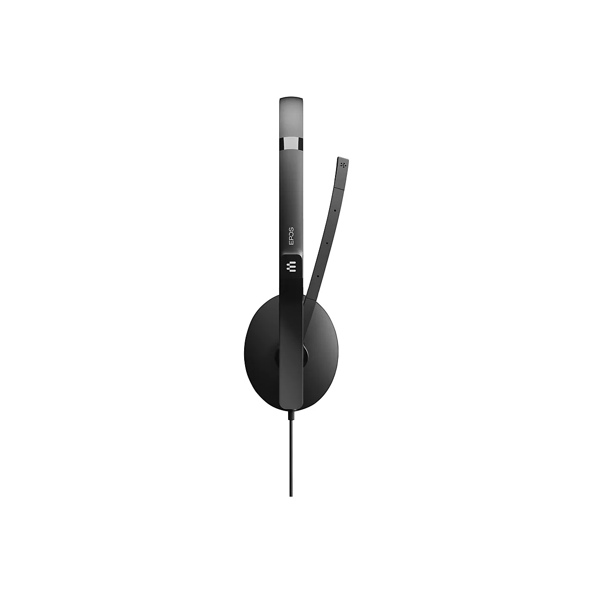 Schwarzes Headset mit Bügel und Mikrofon. Auf dem Bügel steht "EPOS" und ein Logo. An der Seite ist das Mikrofon befestigt, an dem sich der Mikrofonarm befindet.