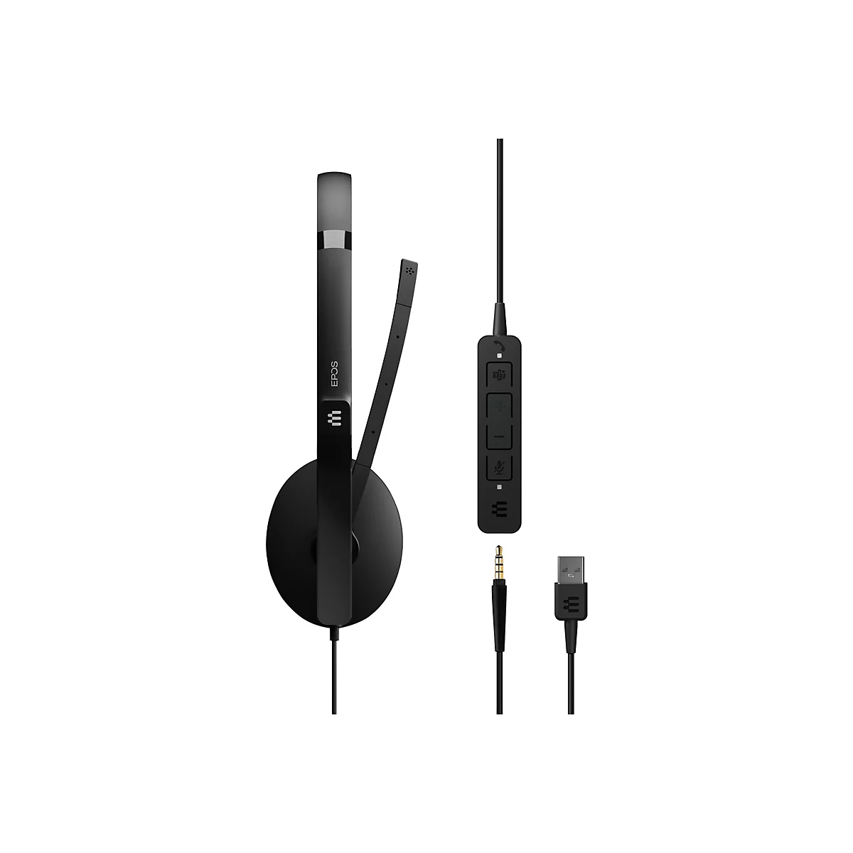 Schwarzes EPOS-Headset mit Mikrofon und Steuerelementen, Kabeln mit Klinken- und USB-Anschlüssen.