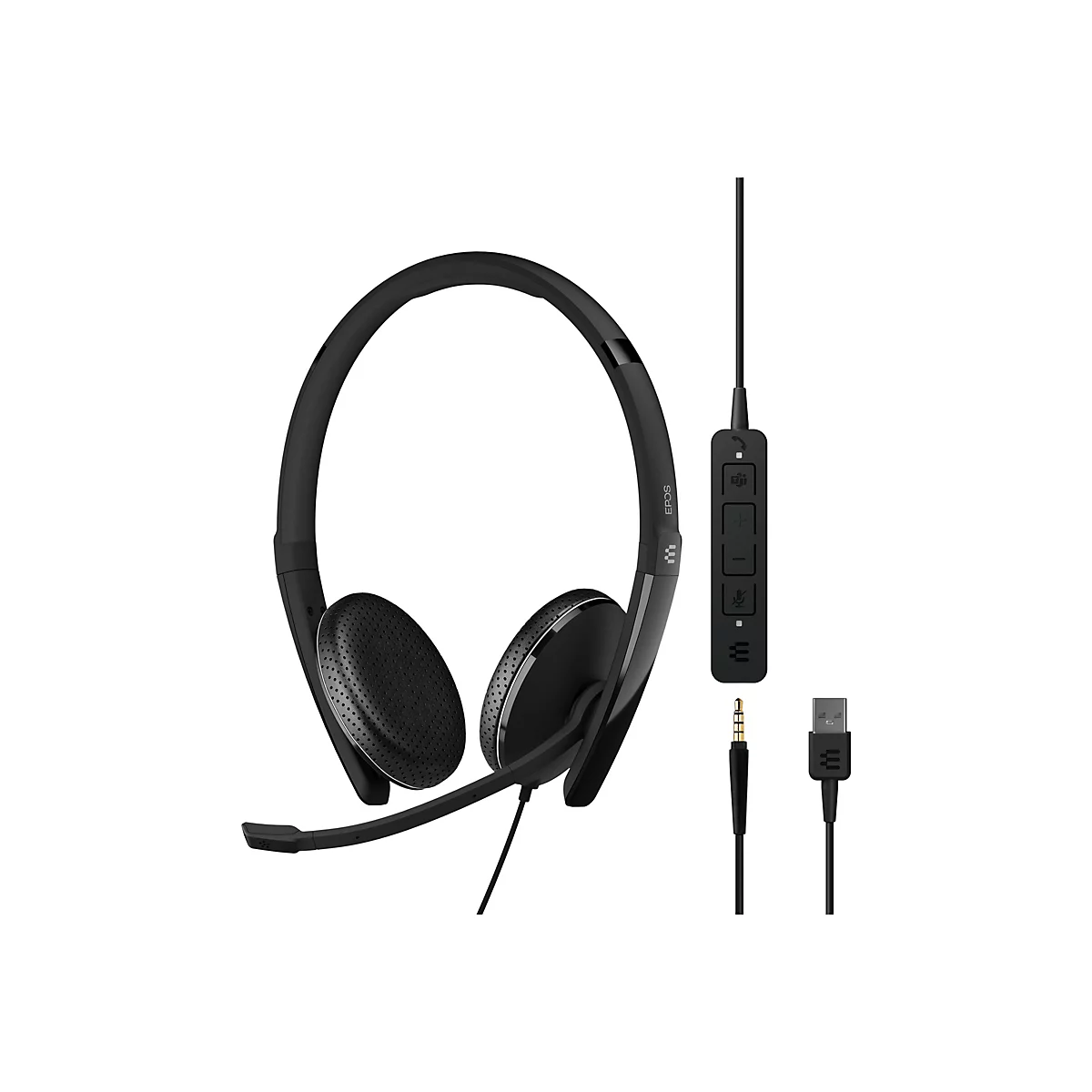 Schwarzes Headset mit Mikrofon und Kabel, USB- und Klinkenstecker. Auf dem Kabel befindet sich eine Steuerung.