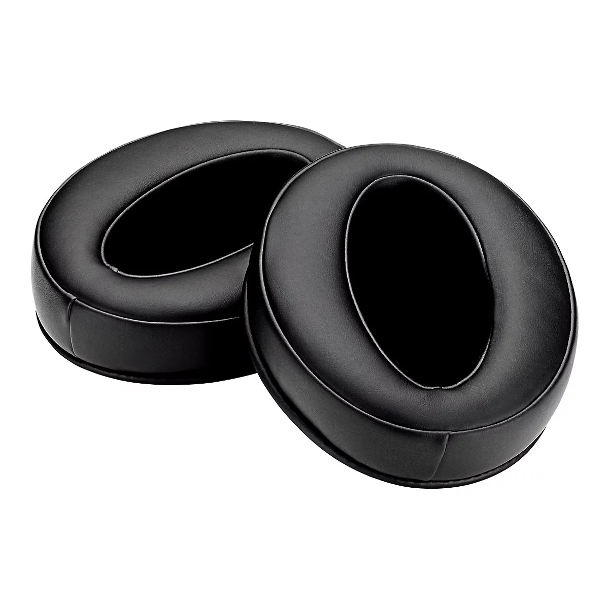 Zwei schwarze Ohrpolster fÃ¼r KopfhÃ¶rer, ovale Form.