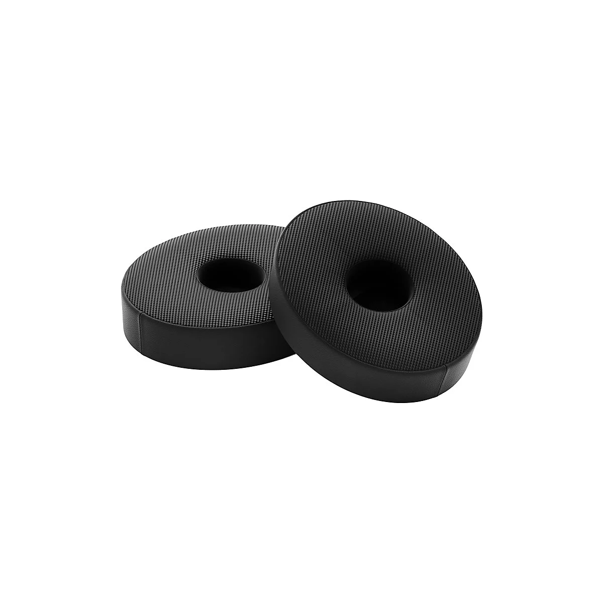 Zwei schwarze, ringfÃ¶rmige Ohrpolster mit texturierter OberflÃ¤che liegen vor weiÃŸem Hintergrund.