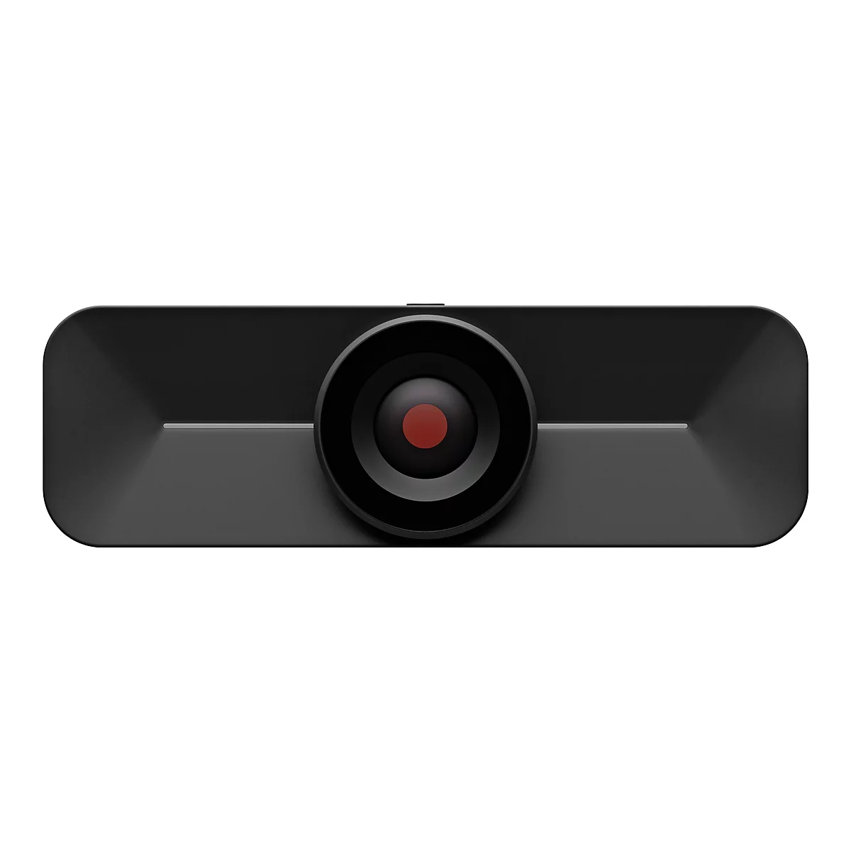 Schwarz gehaltene Dashcam, zylindrisches Objektiv mit rotem Kern, auf weißem Hintergrund.