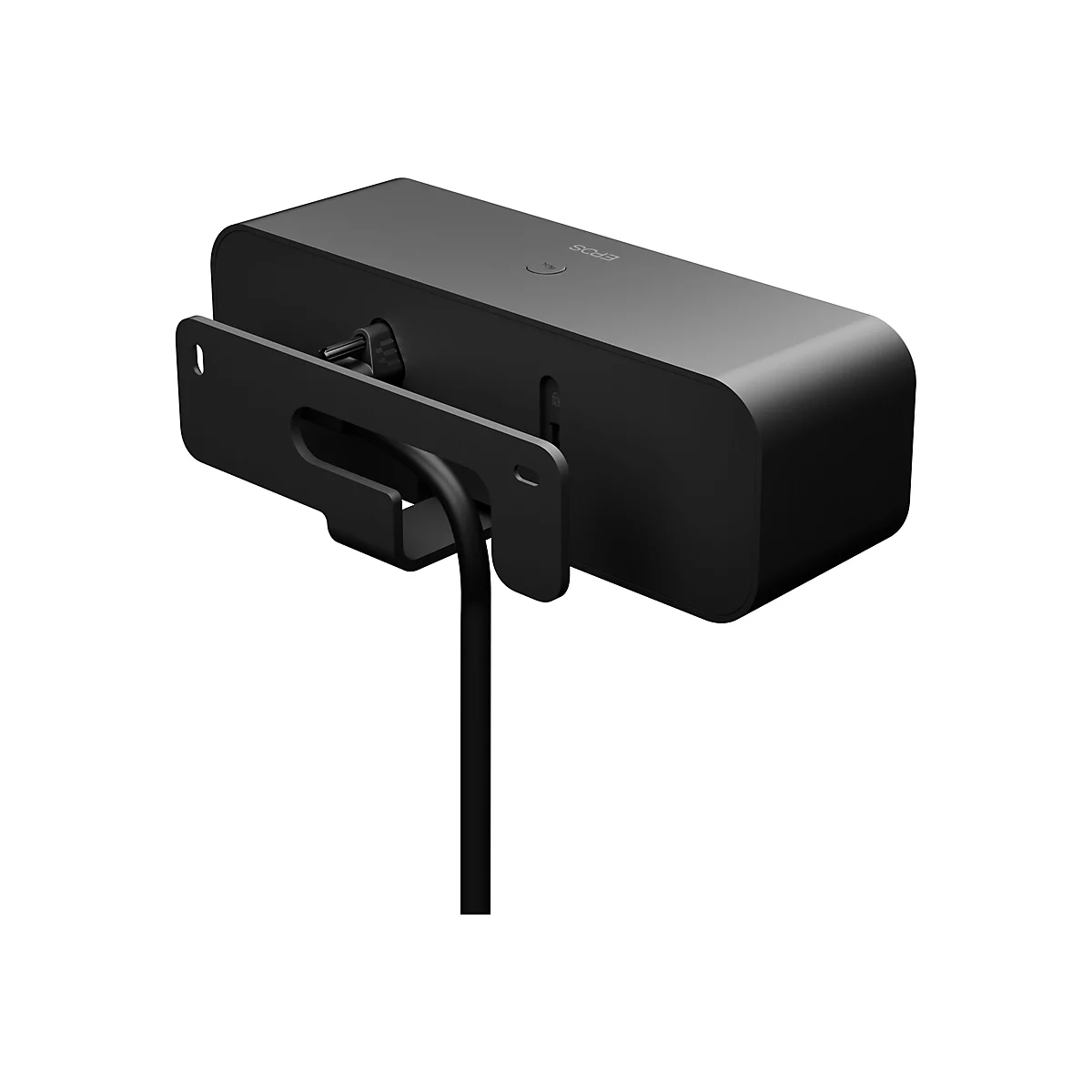 Schwarzes EPOS-Gerät mit Halterung und Kabel vor weißem Hintergrund. Auf dem Gerät steht EPOS.