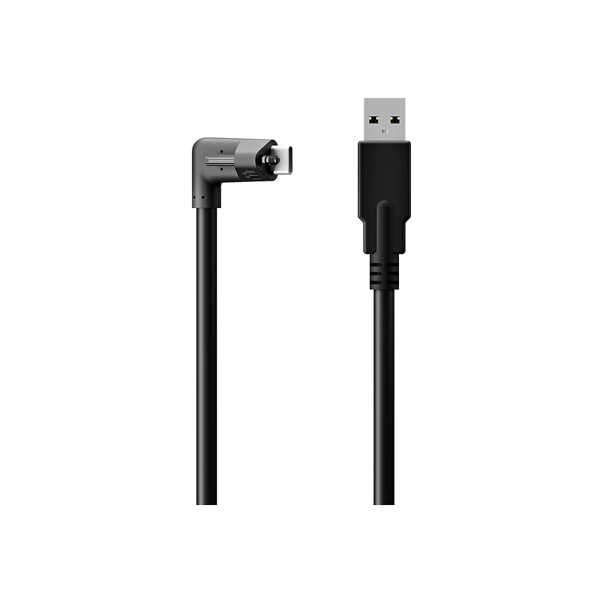 Ein schwarzes USB-Kabel mit abgewinkeltem Stecker. Der USB-A-Stecker befindet sich rechts.