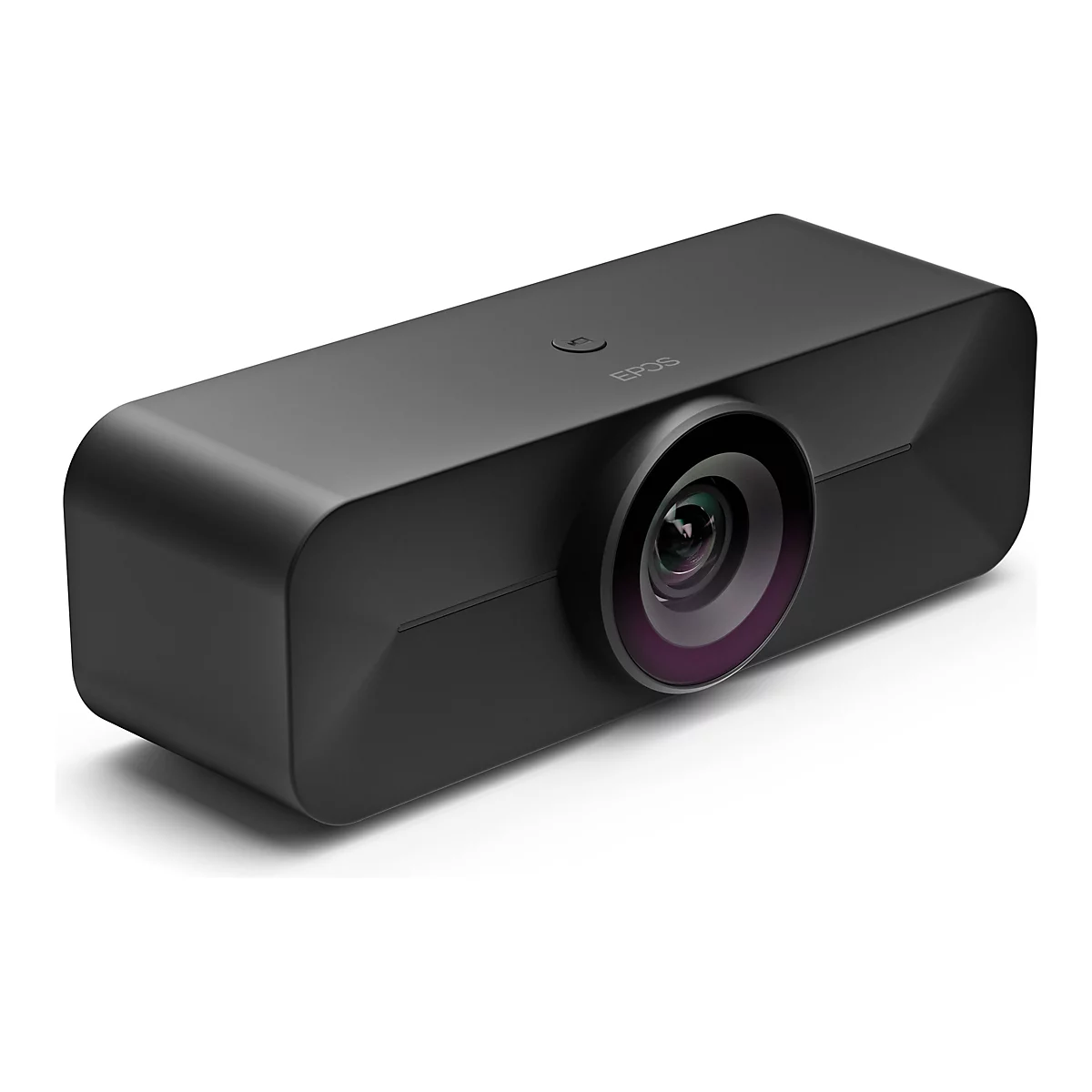 Schwarze, rechteckige Webcam auf weißem Hintergrund. Sichtbare Linse, Firmenlogo EPOS.