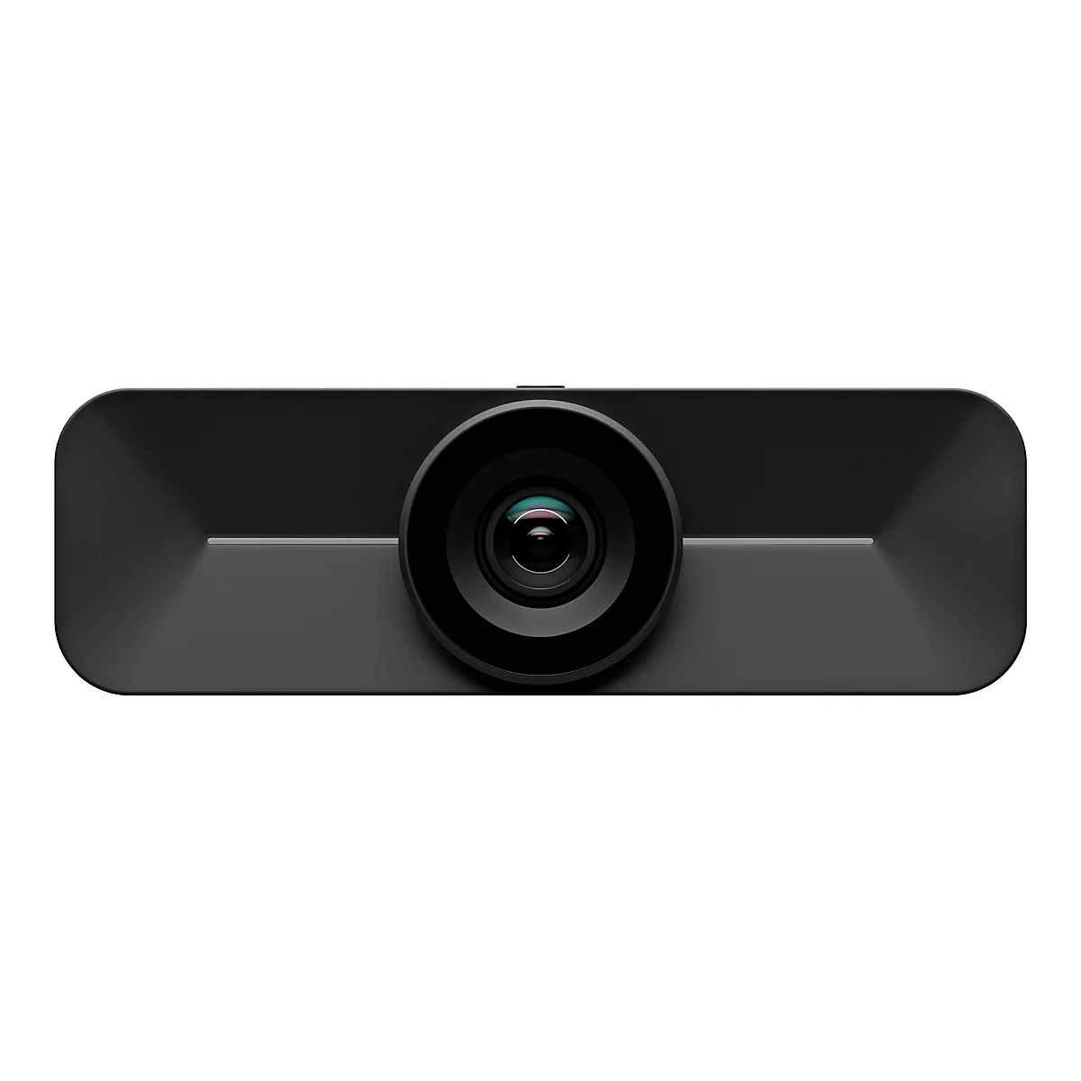 Schwarze Dashcam mit Objektiv im Zentrum. Abgerundete Kanten, matte Oberfläche, hellgrauer Streifen.