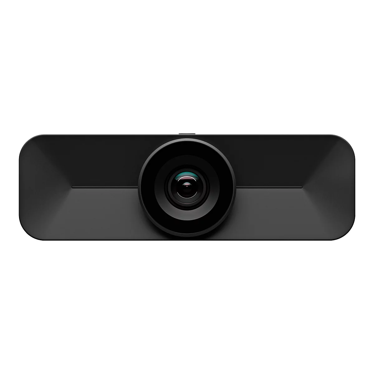 Eine schwarze Kamera mit Objektiv, freigestellt vor weißem Hintergrund.
