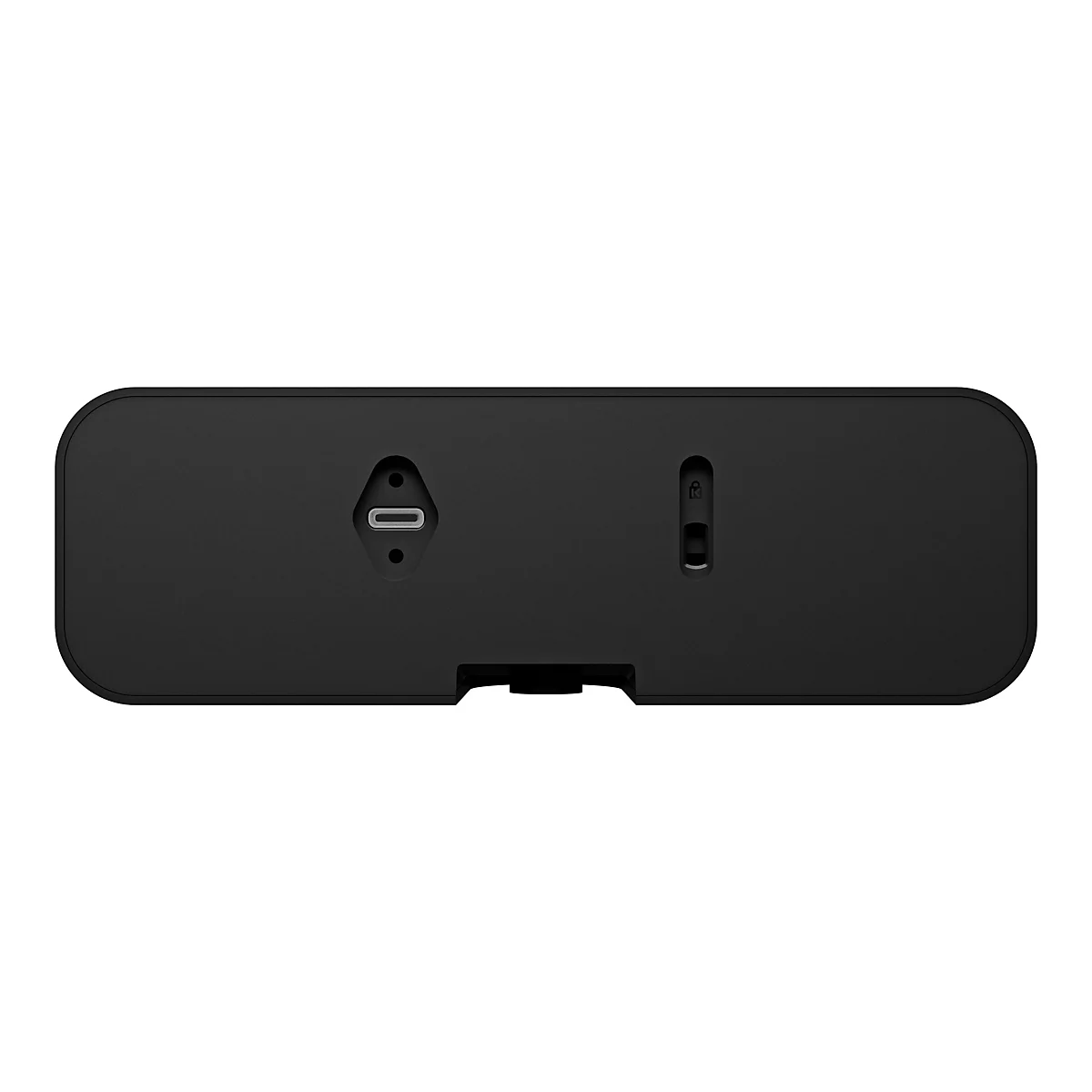 Nahaufnahme der Rückseite eines schwarzen, rechteckigen Geräts. Es weist abgerundete Ecken und eine USB-C-Buchse auf, sowie eine Taste mit Schloss-Symbol.