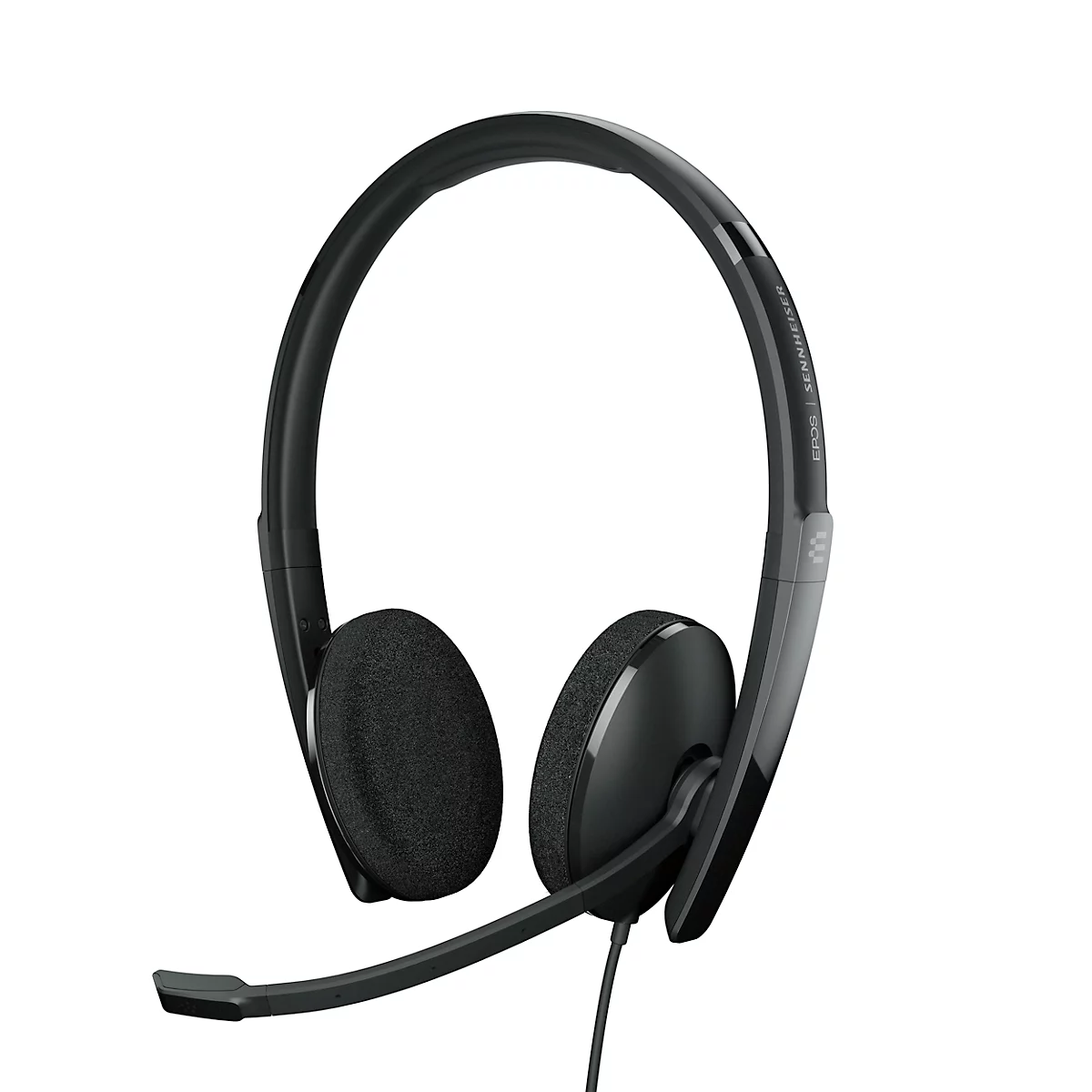 Black headset with headband, earcups and microphone.
