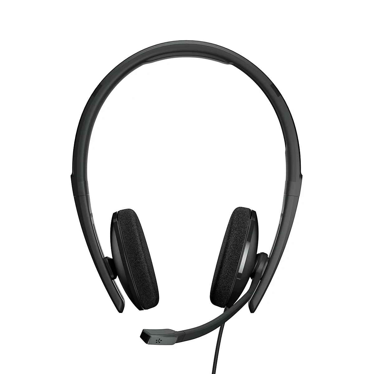 Black headset with microphone on a white background.
