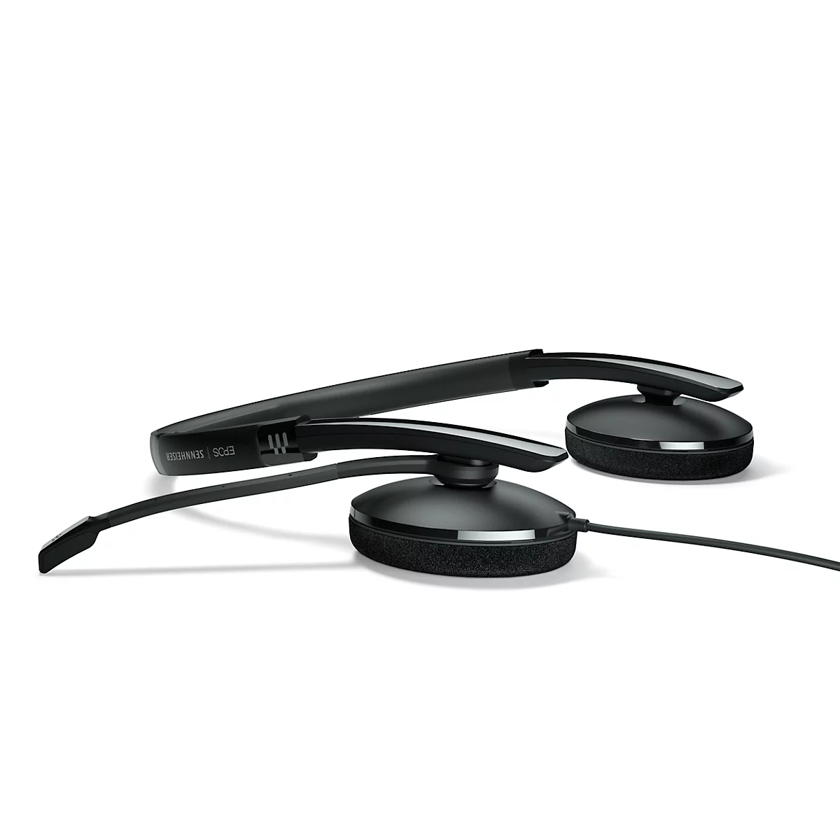 Black headset with microphone, against a white background. 'EPOS' is written on the bracket.