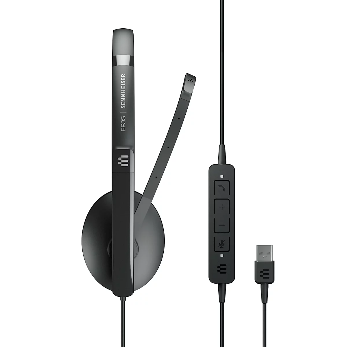 Dark gray EPOS headset with microphone, USB connector, and controls.