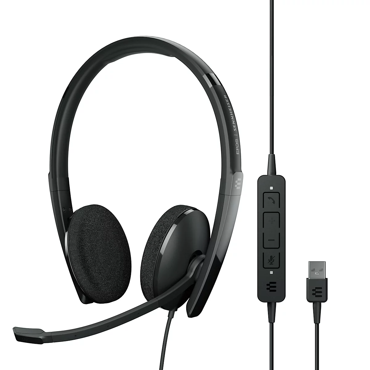 Black headset with microphone, USB cable, and control elements.