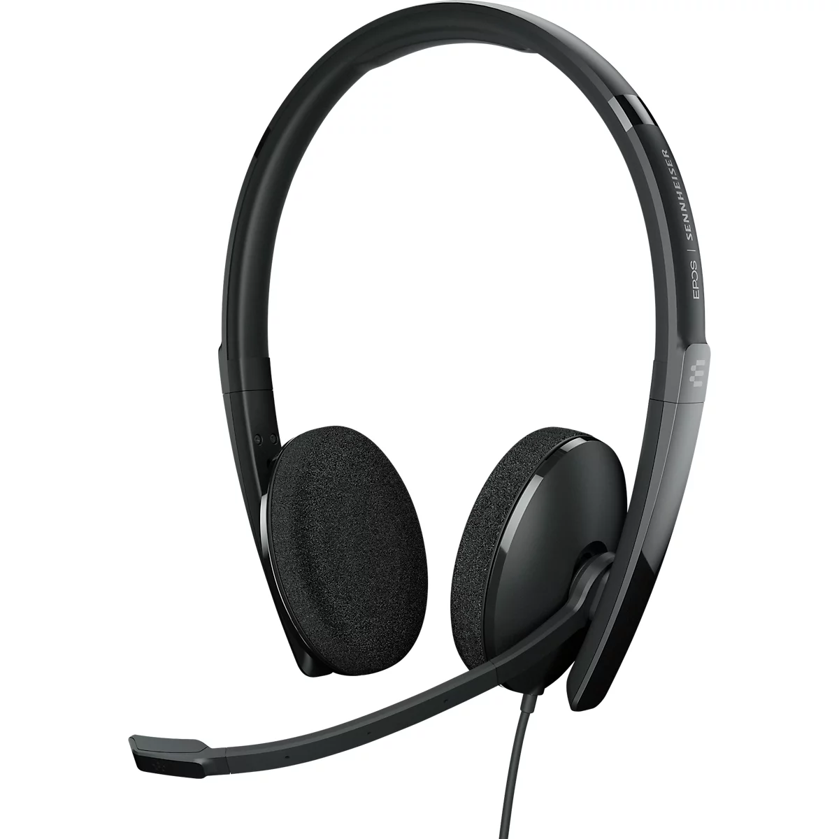 Black headset with microphone. Markings on the headband.