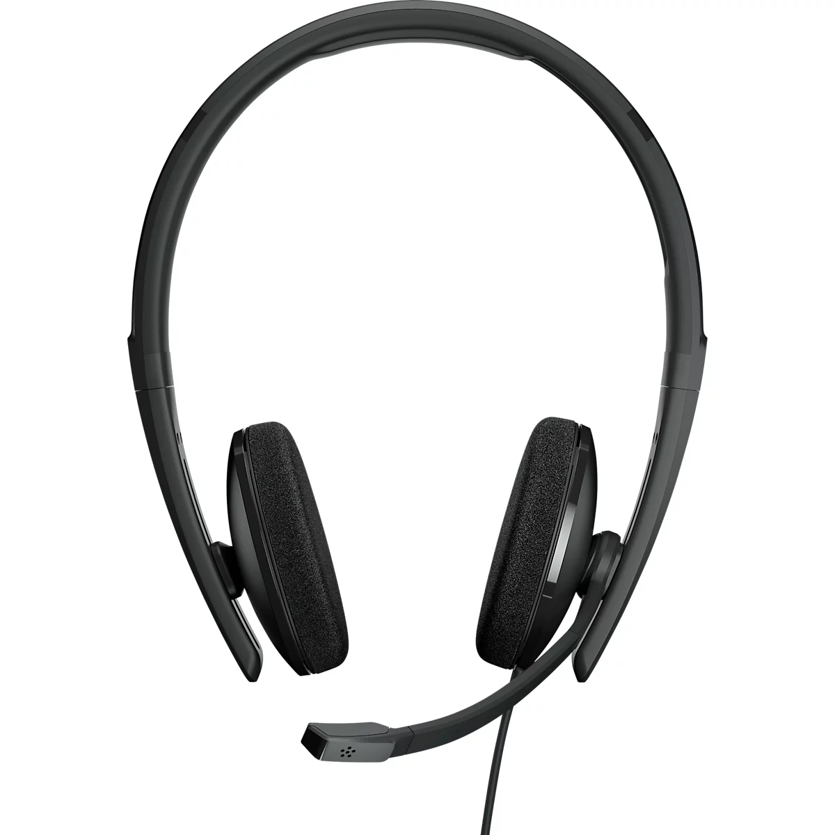 Black headset with ear cups, microphone and headband.