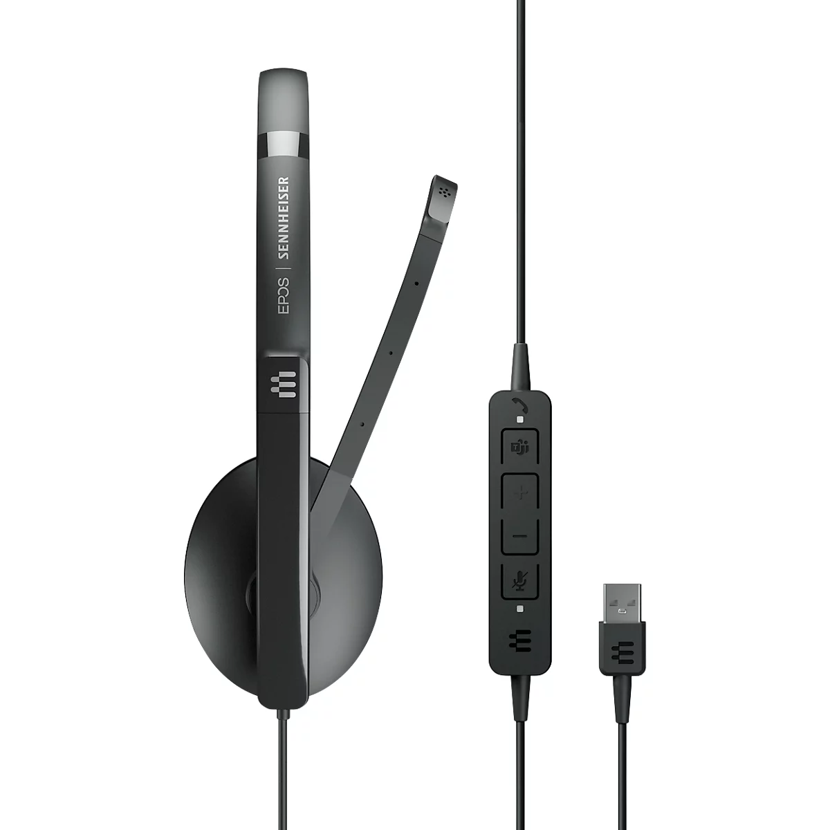 Black headset with microphone, cable, and USB connector. The arm says EPOS | SENNHEISER.