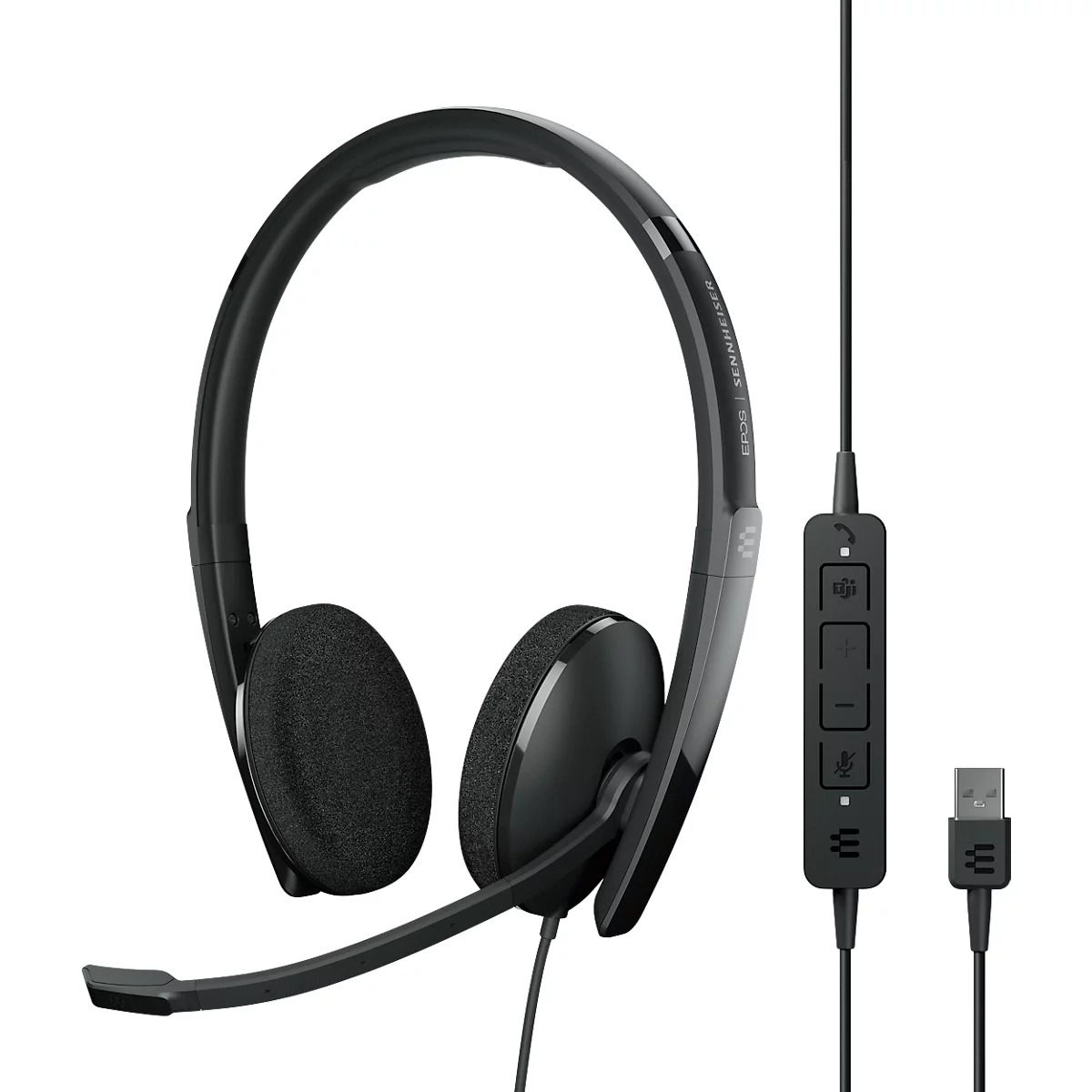 Black headset with microphone and USB connection. The headset has padded earcups and a remote control.