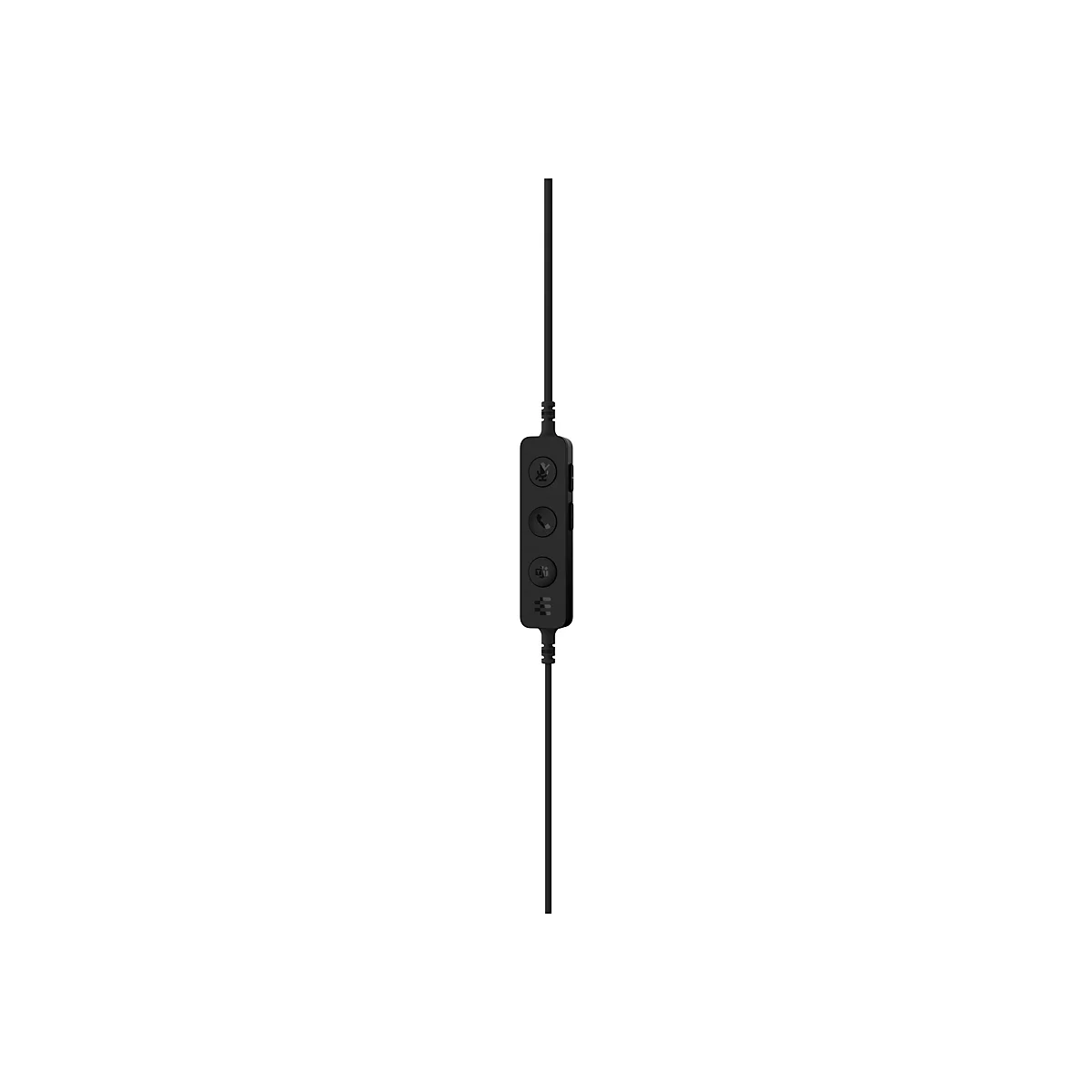 Schwarze Fernbedienung mit Kabel, drei Tasten und Symbolen auf weißem Hintergrund.