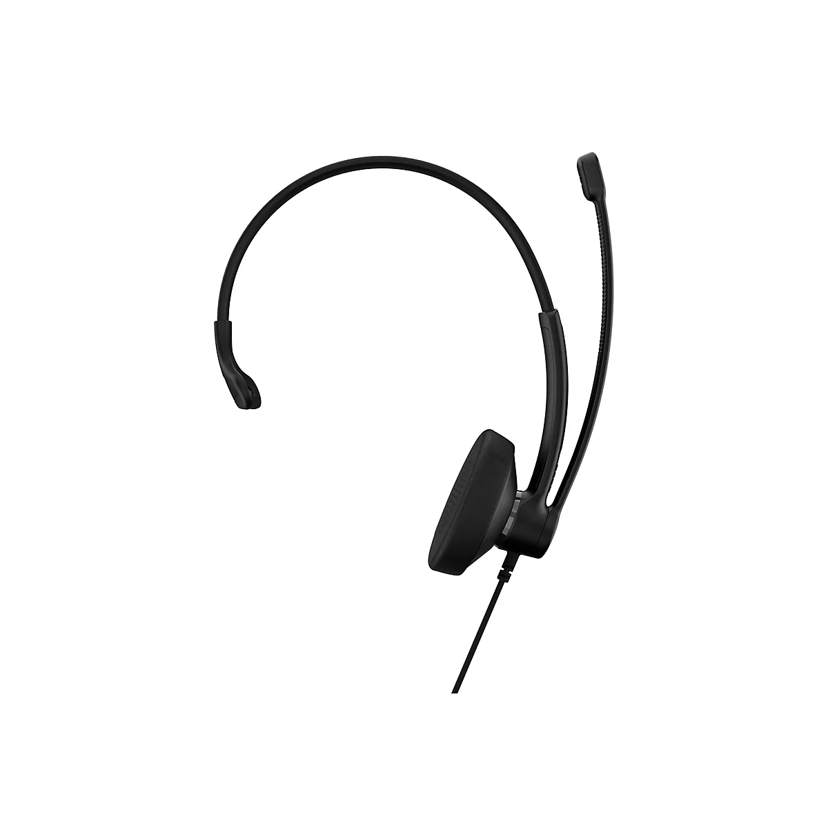Ein schwarzes Headset mit Mikrofon, das auf weißem Hintergrund isoliert ist. Das Headset hat einen Kopfbügel und ein drehbares Mikrofon.