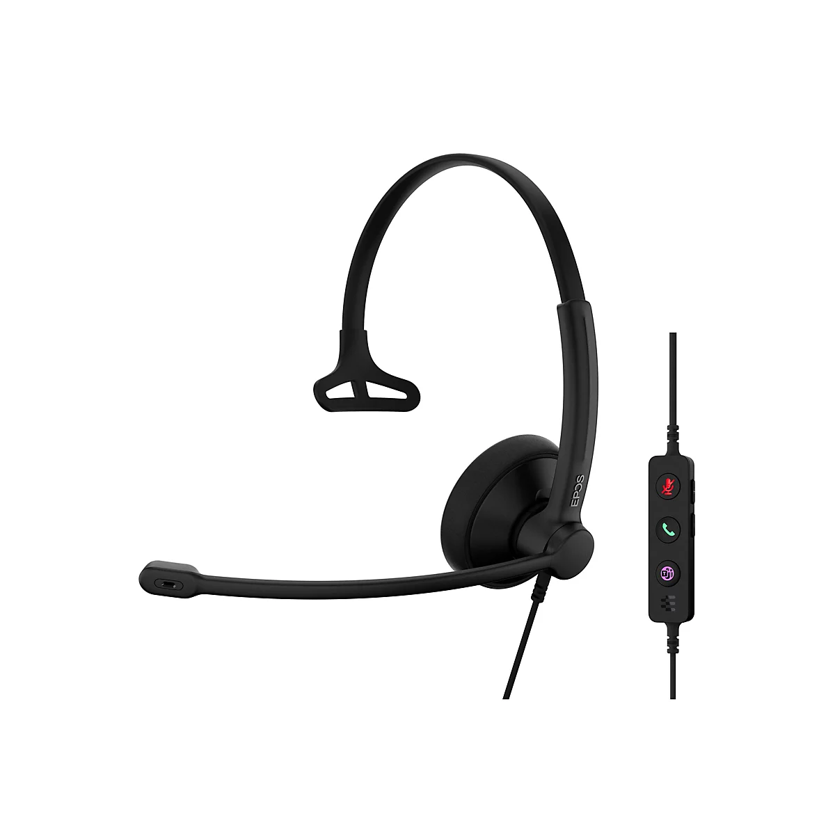 Schwarzes Headset mit Mikrofon. Am Kabel befinden sich Tasten zur Steuerung. Das Logo ist EPOS.