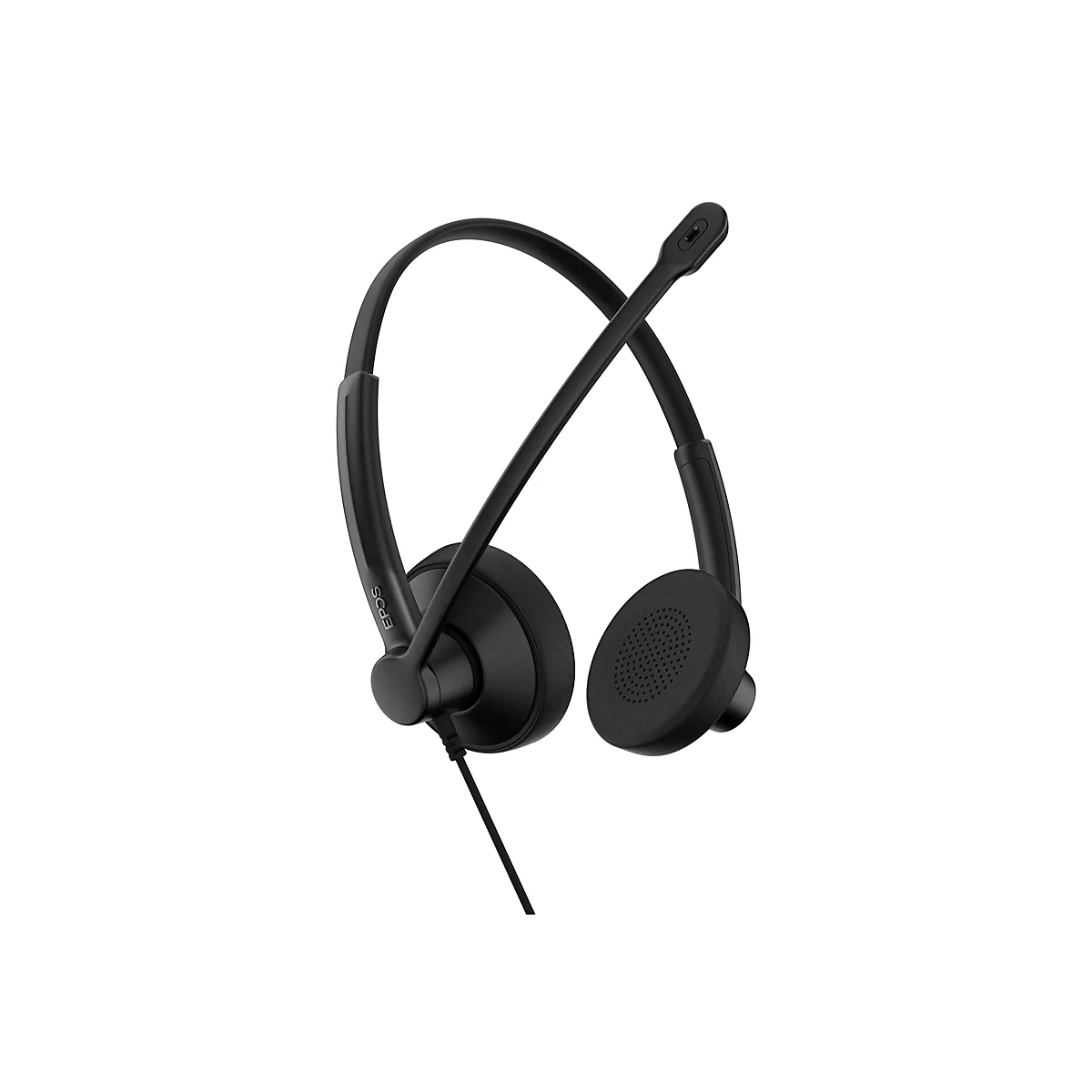 Schwarzes Headset mit Mikrofon, vor weißem Hintergrund. Das Headset ist an einem Kabel befestigt und trägt das Logo "EPOS".