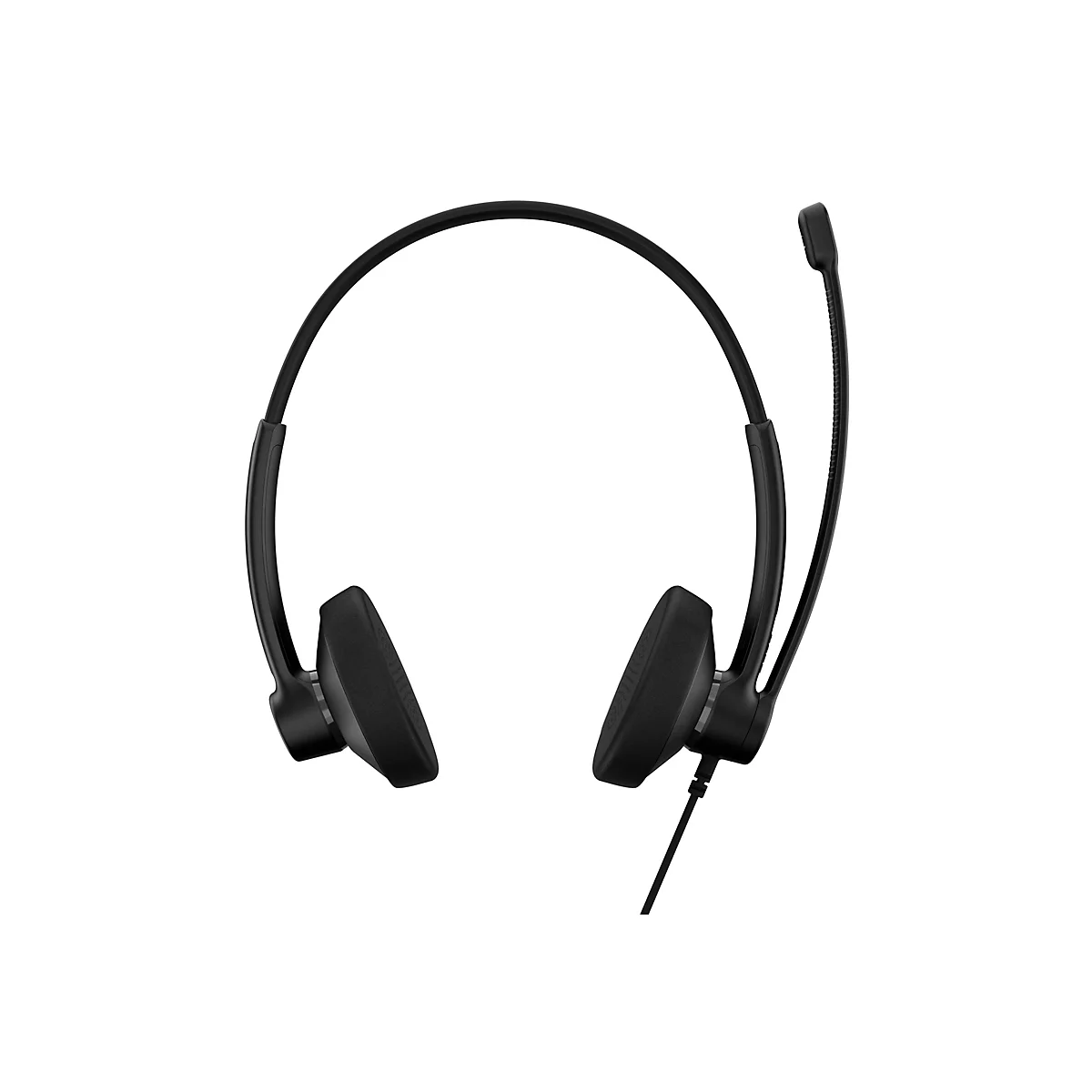 Schwarzes Headset mit Mikrofon, vor weißem Hintergrund. Der Bügel verbindet die beiden Ohrmuscheln. Das Mikrofon ist flexibel.