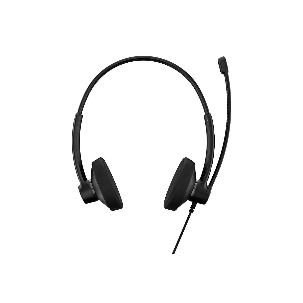 Schwarzes Headset mit Bügel und Mikrofon, vor weißem Hintergrund.