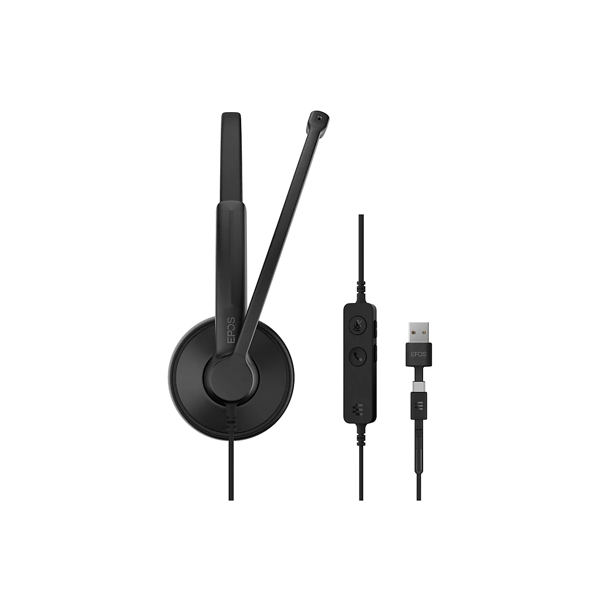 Schwarzes Headset mit Mikrofon, Kabel und USB-Anschluss. Auf dem Headset steht "EPOS".