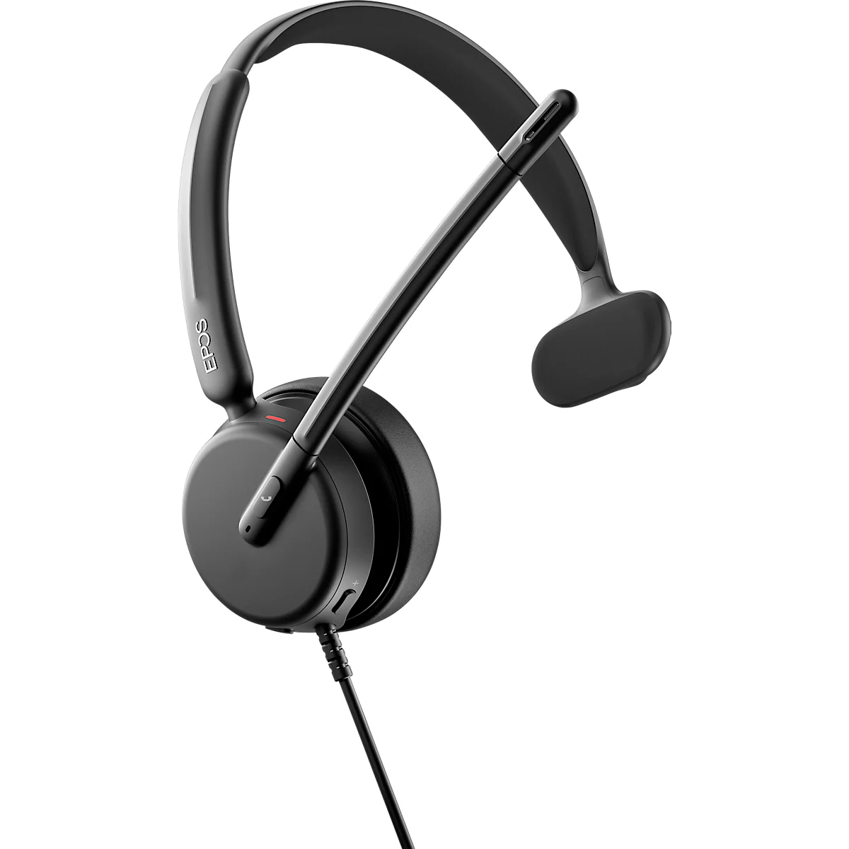 Black headset with microphone. It has a headband and a padded earpiece. The microphone is flexible.
