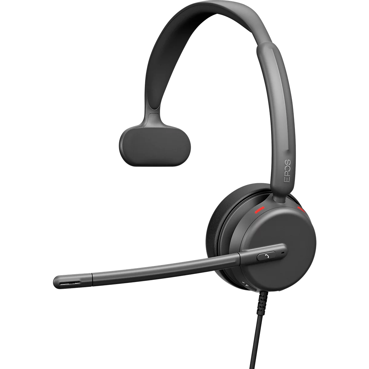 Black headset with headband, ear cup, and microphone arm. A red accent on the ear cup. Wired.