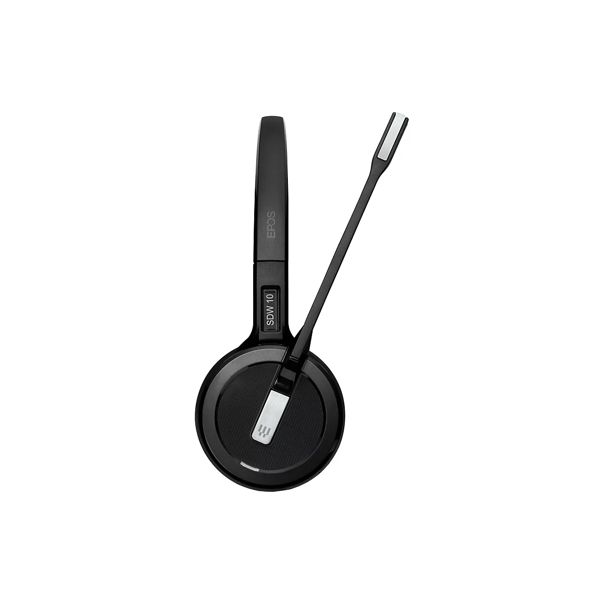 Schwarzes Headset mit Ohrmuschel und Mikrofonarm. Auf dem Bügel steht EPOS, darunter SDV 10. Das Mikrofonende ist silberfarben.