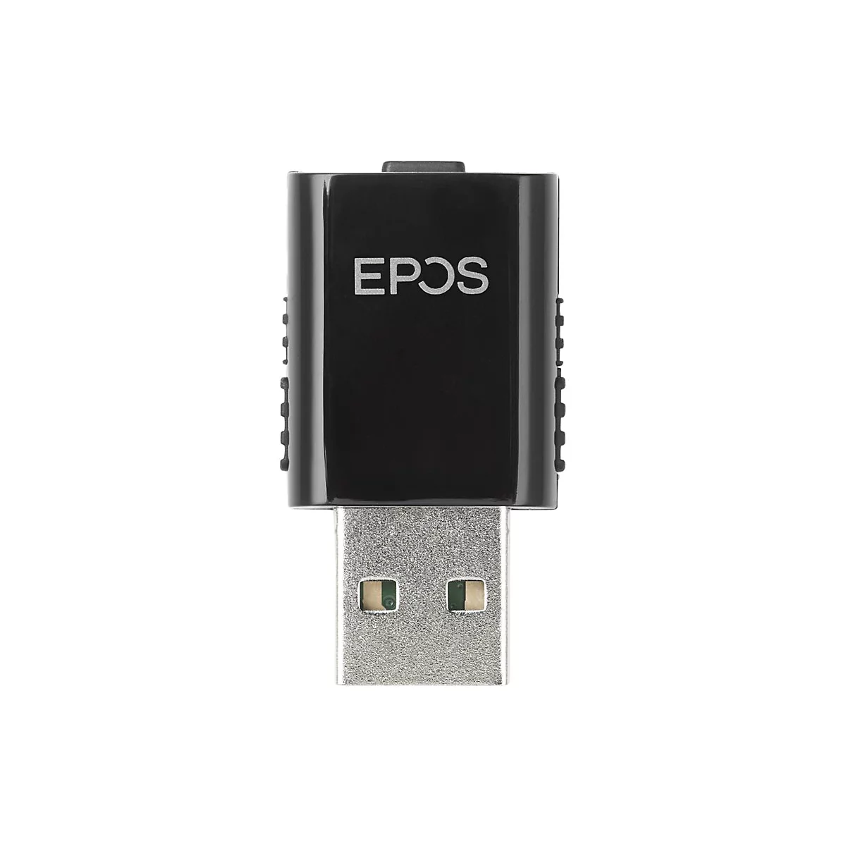 Schwarzer USB-Adapter mit EPOS-Logo. Der Adapter hat eine rechteckige Form und einen USB-Stecker.