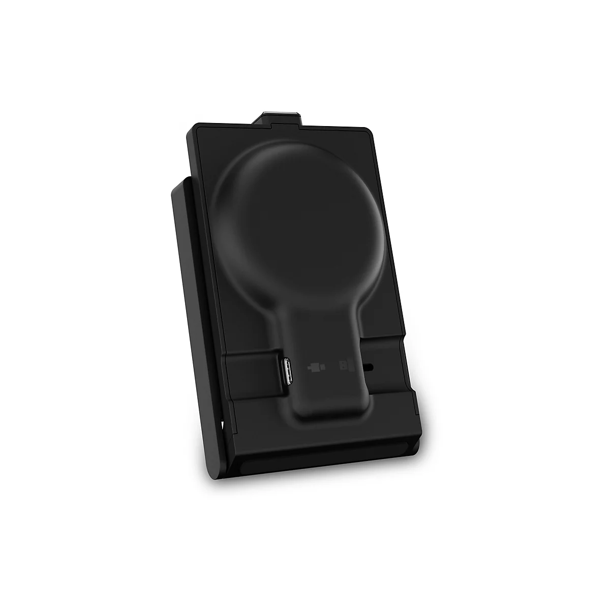 Schwarzes Ladegerät, schräg von oben. Es hat eine runde Aussparung, einen USB-Anschluss und ein Symbol.