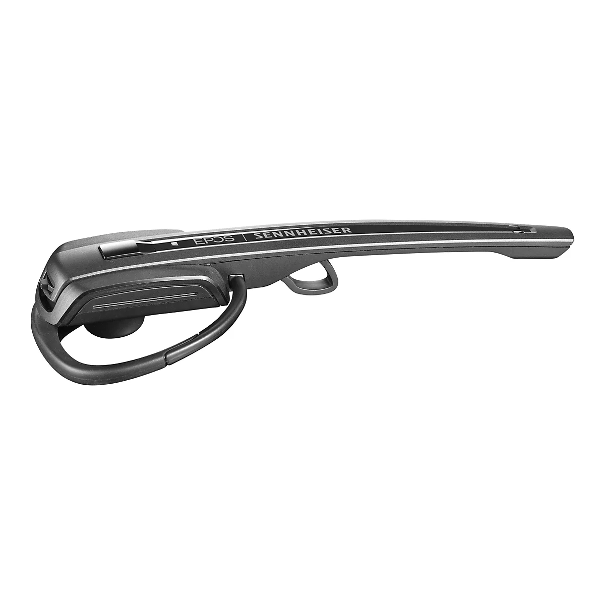 Draufsicht auf ein schwarzes EPOS Sennheiser Bluetooth-Headset mit Ohrbügel, auf weißem Hintergrund.