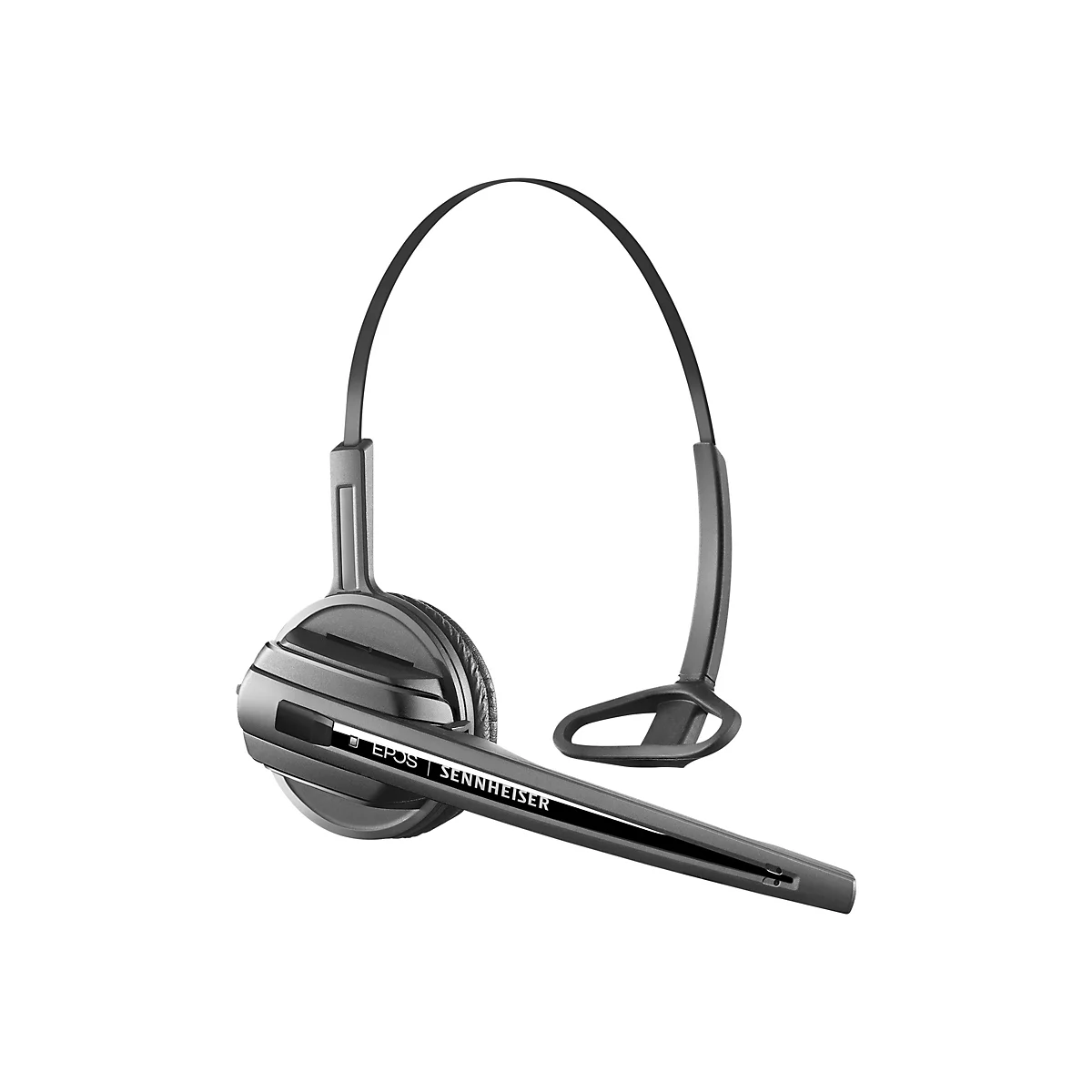 Ein graues Headset vor weißem Hintergrund. Es hat einen flexiblen Bügel, ein Mikrofon und den Schriftzug EPOS | Sennheiser.