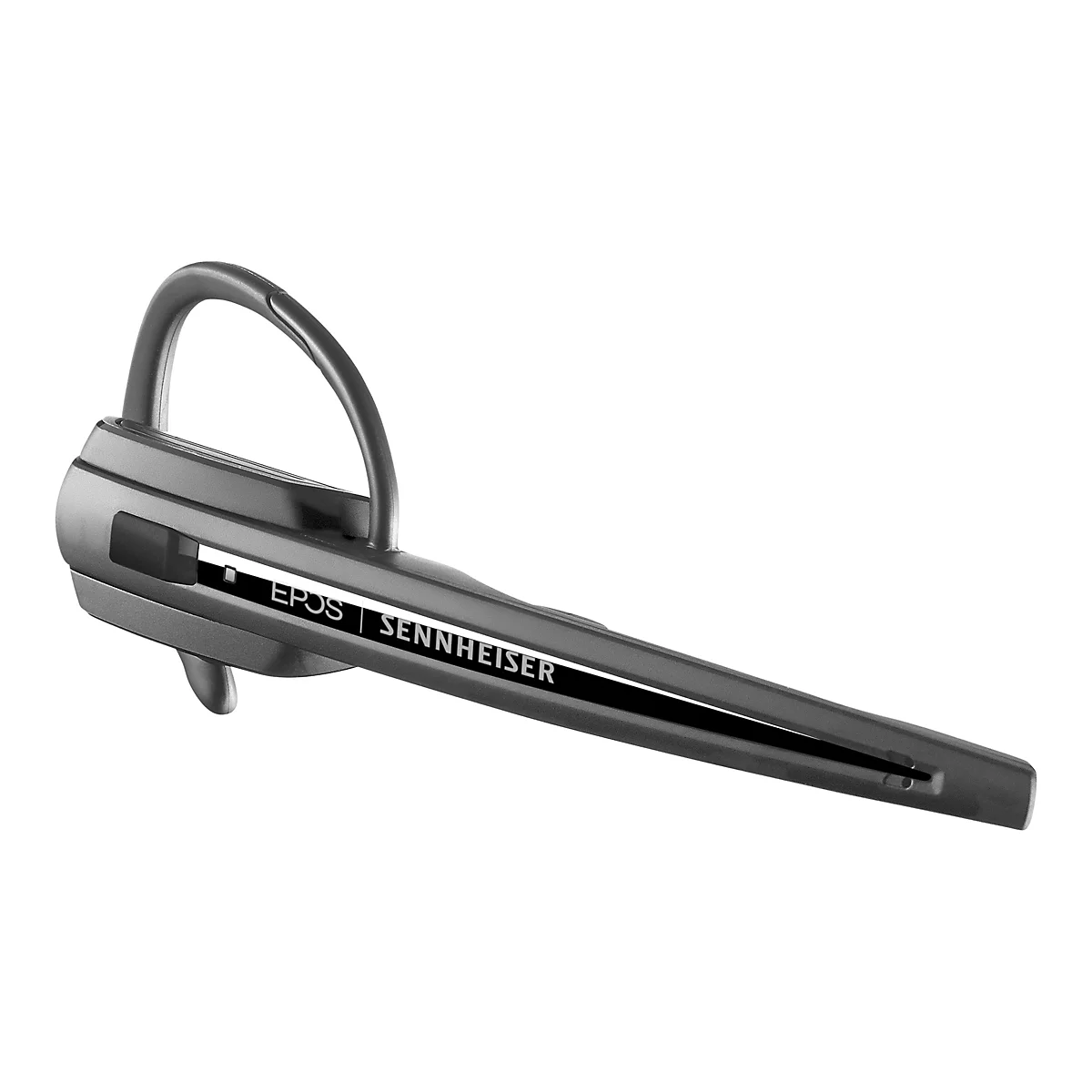 Ein graues EPOS Sennheiser Bluetooth Headset, das vor weißem Hintergrund isoliert ist.