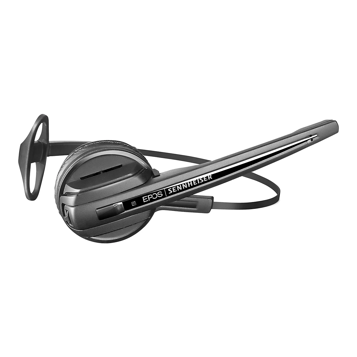 Graues Headset mit Bügel, Mikrofonarm und Ohrbügel. Auf dem Gerät steht EPOS SENNHEISER.