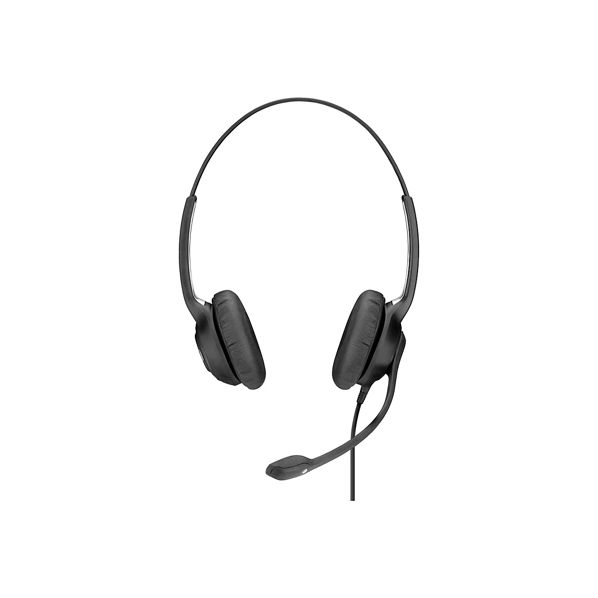 Schwarzes Headset mit BÃ¼gel und Mikrofon, vor weiÃŸem Hintergrund.