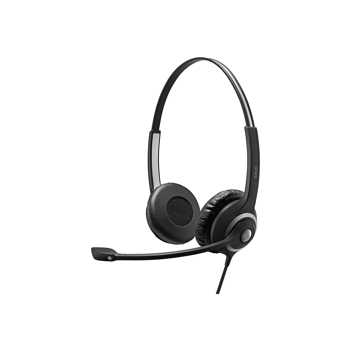 Schwarzes Headset mit BÃ¼gel, Mikrofon und Ohrmuscheln, vor weiÃŸem Hintergrund.