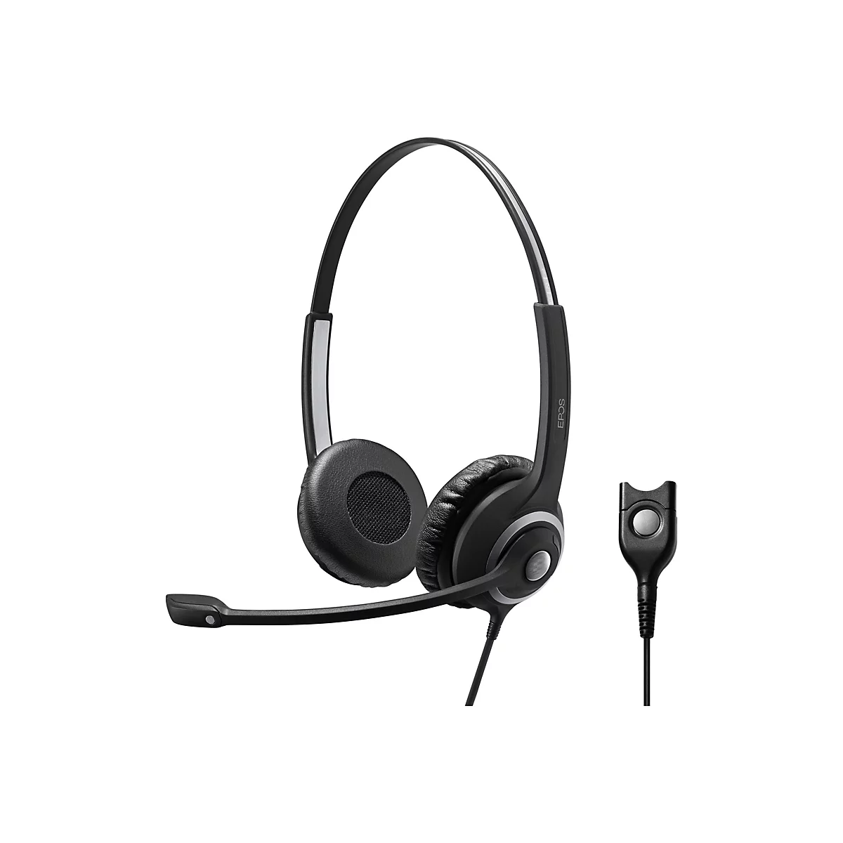 Schwarzes Headset mit Mikrofon und Kabel. Neben dem Headset ein Bedienelement.