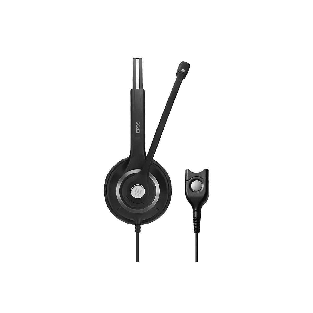 Schwarzes Headset mit Mikrofon und Steuerungstaste, vor weiÃŸem Hintergrund.