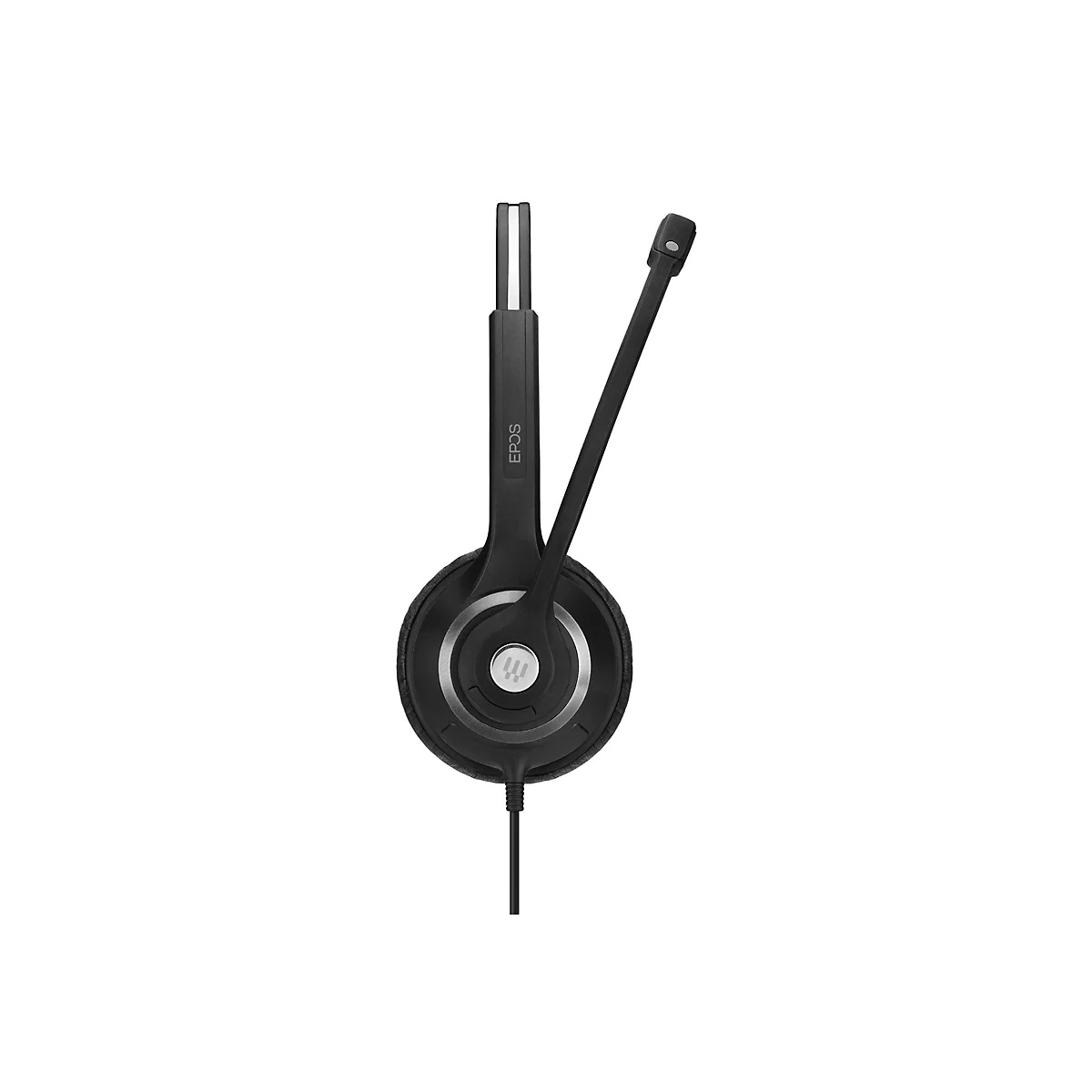 Schwarzes EPOS Headset mit Mikrofon, Detailaufnahme vor weiÃŸem Hintergrund.