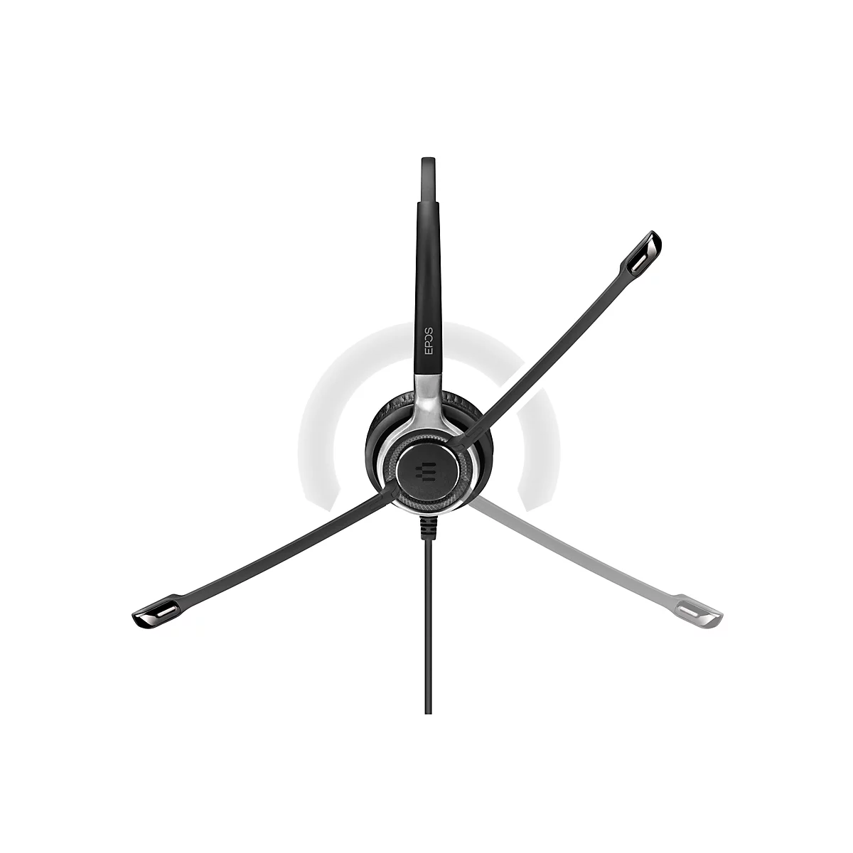 Ein schwarzes Headset mit Mikrofon. Das Kopfband und das Mikrofon sind ausfahrbar, die Ohrmuschel ist in Silber gehalten.