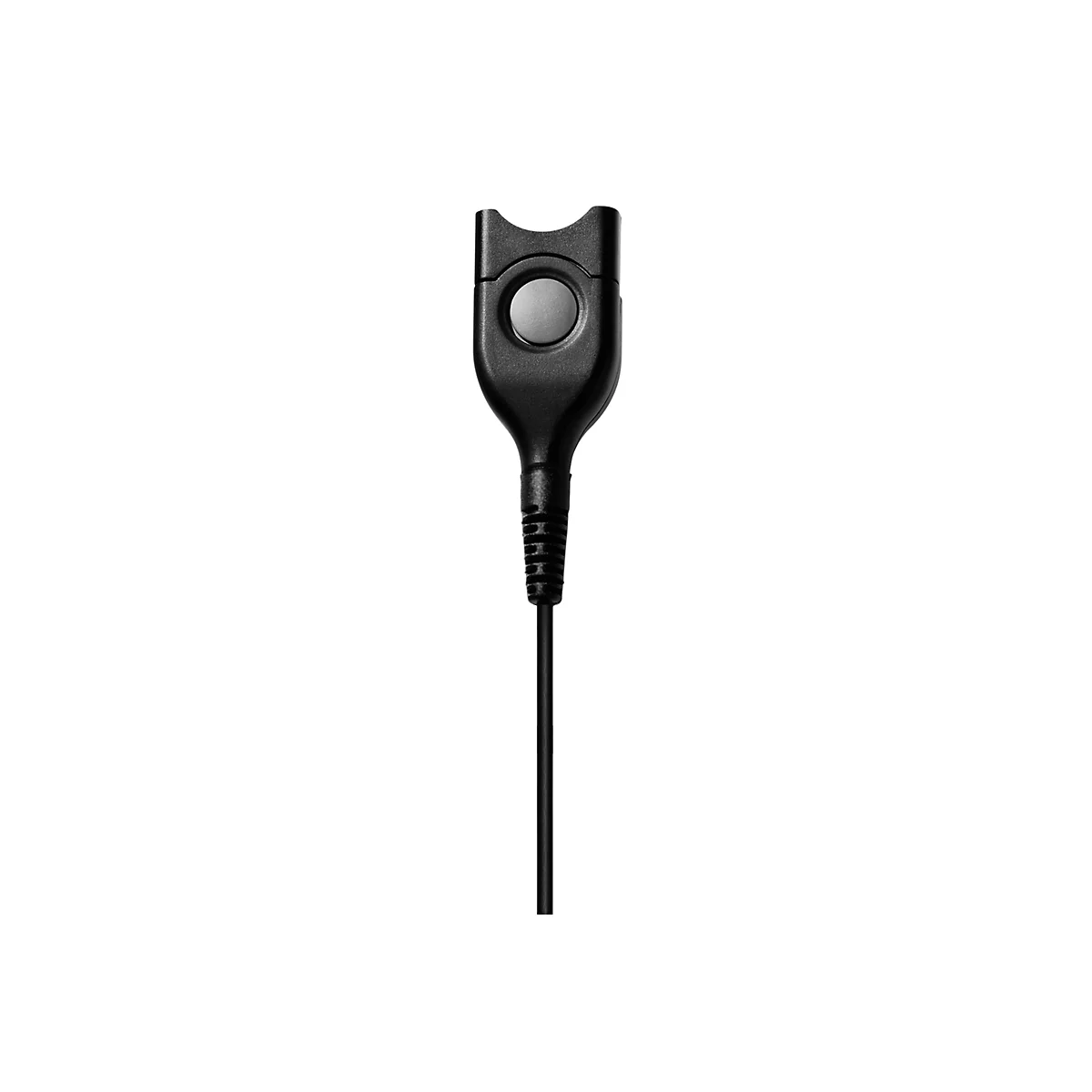 Schwarzes Headset-Mikrofon mit Knopf und Kabel, isoliert vor weiÃŸem Hintergrund.