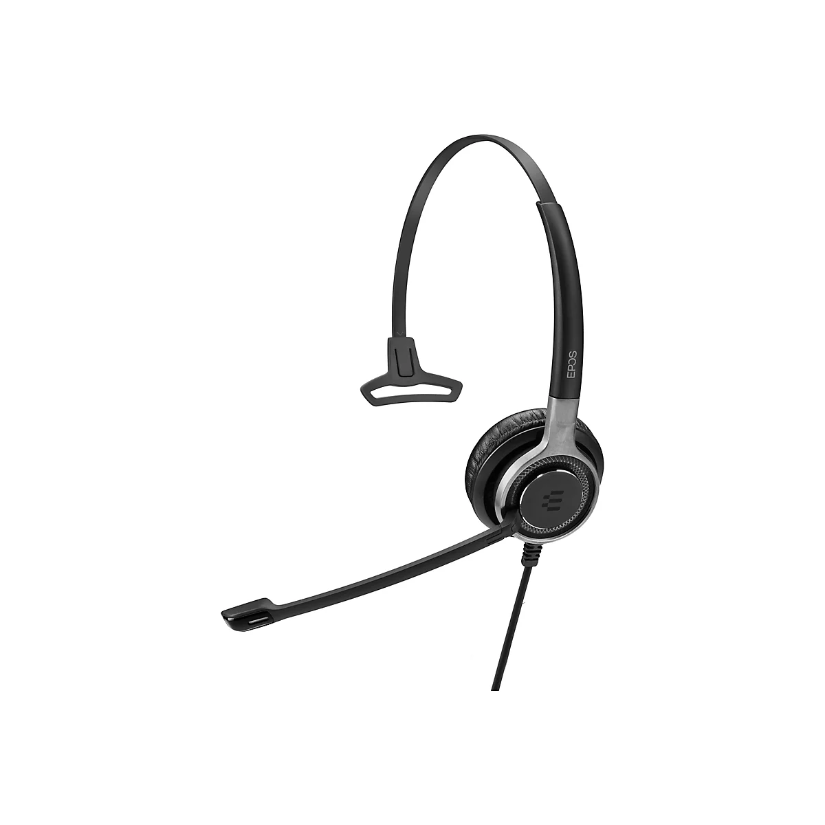 Schwarzes Headset mit Mikrofon, auf weiÃŸem Hintergrund. Der KopfhÃ¶rerbÃ¼gel ist gebogen, das Mikrofon befindet sich am linken Ohr.