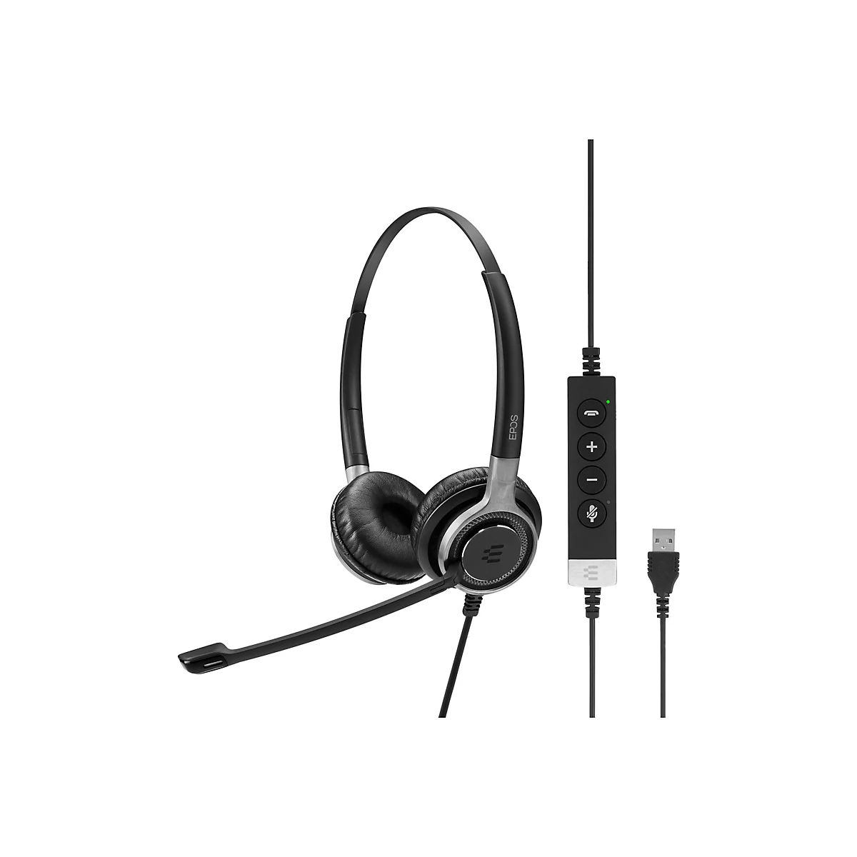 Ein schwarzes Headset mit Mikrofon und Bedienelementen. Ein USB-Kabel ist angeschlossen.