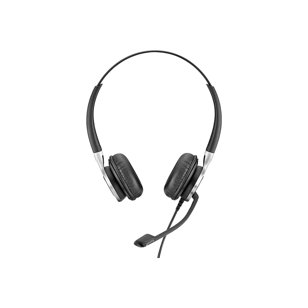 Schwarzes Headset mit Mikrofon, Ohrmuscheln mit weichen Polstern und silberfarbenen Details.