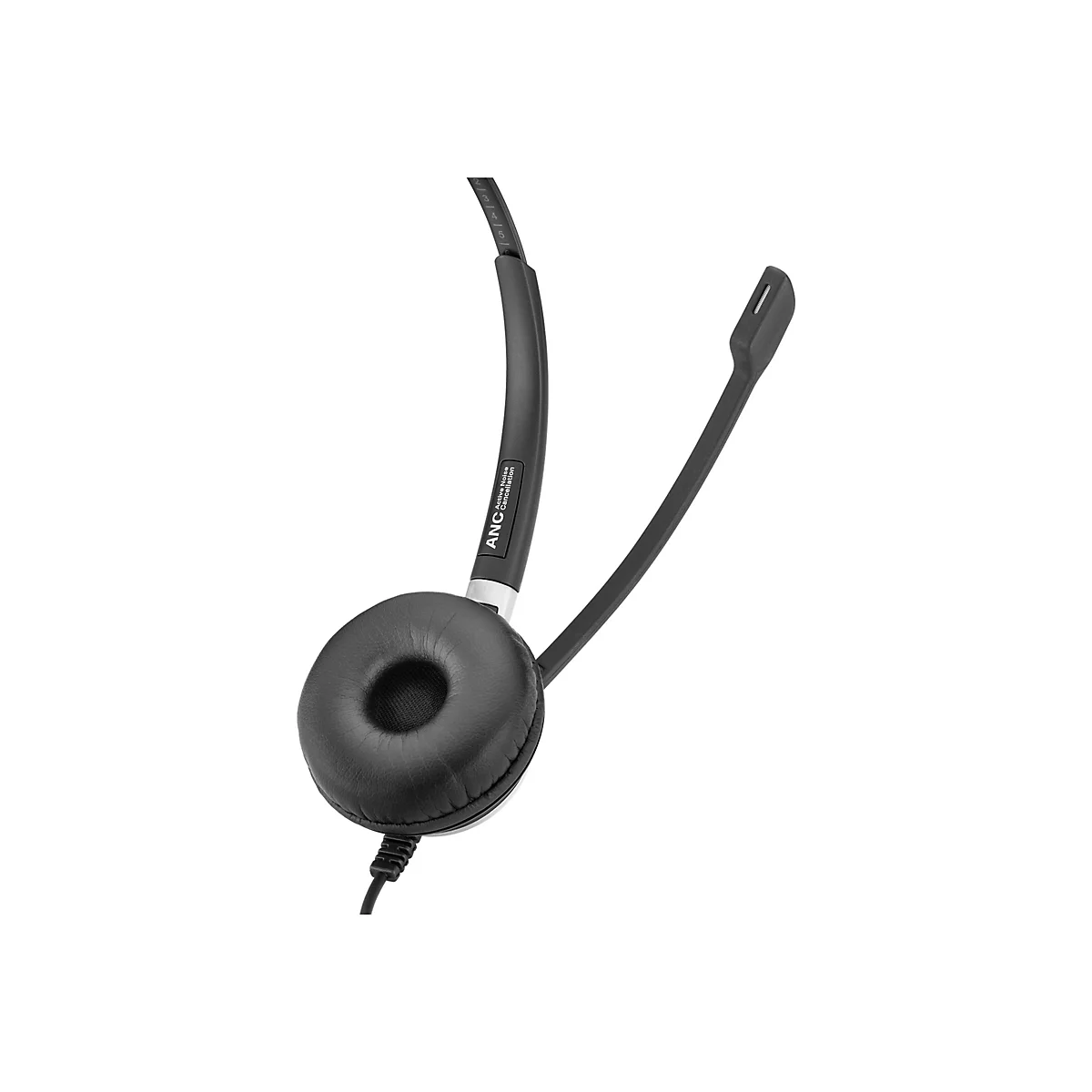 Schwarzes Headset mit Mikrofon, Kabel und KopfhÃ¶rer auf weiÃŸem Hintergrund.